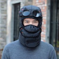 Winter Fleece Cap for Hiking Skiing Windproof Outdoor Sports Hat Fluff Thermal Trapper Hat with Goggles (Color: Black)