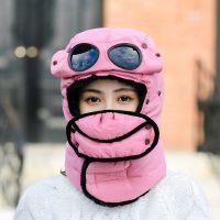 Winter Fleece Cap for Hiking Skiing Windproof Outdoor Sports Hat Fluff Thermal Trapper Hat with Goggles (Color: Pink)