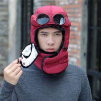 Winter Fleece Cap for Hiking Skiing Windproof Outdoor Sports Hat Fluff Thermal Trapper Hat with Goggles (Color: Wine Red)