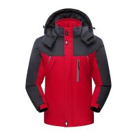 Men's Winter Jackets Mens Thicken Patchwork Outwear Coats Male Fleece Hooded Parkas Thermal Warm Plus Size 5XL (Color: Red)