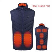 Autumn Winter Men Stand-up Collar Heated Cotton Vest Graphene Electric USB Safe Smart Constant Temperature Heating Thermal Tank (Color: blue 9pcs heated)