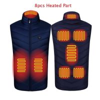 Autumn Winter Men Stand-up Collar Heated Cotton Vest Graphene Electric USB Safe Smart Constant Temperature Heating Thermal Tank (Color: blue 8pcs heated)