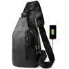 Men Chest Bag PU Leather Sling Fanny Pack Shoulder Backpack w USB Charging Port